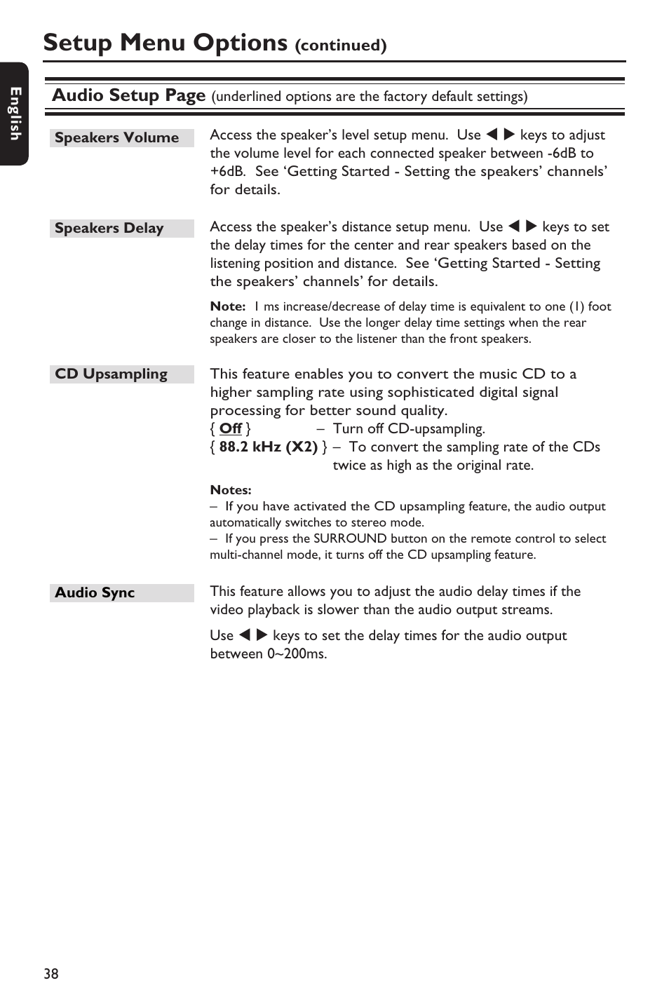 Setup menu options, Audio setup page | Philips HTS3151D User Manual | Page 38 / 55