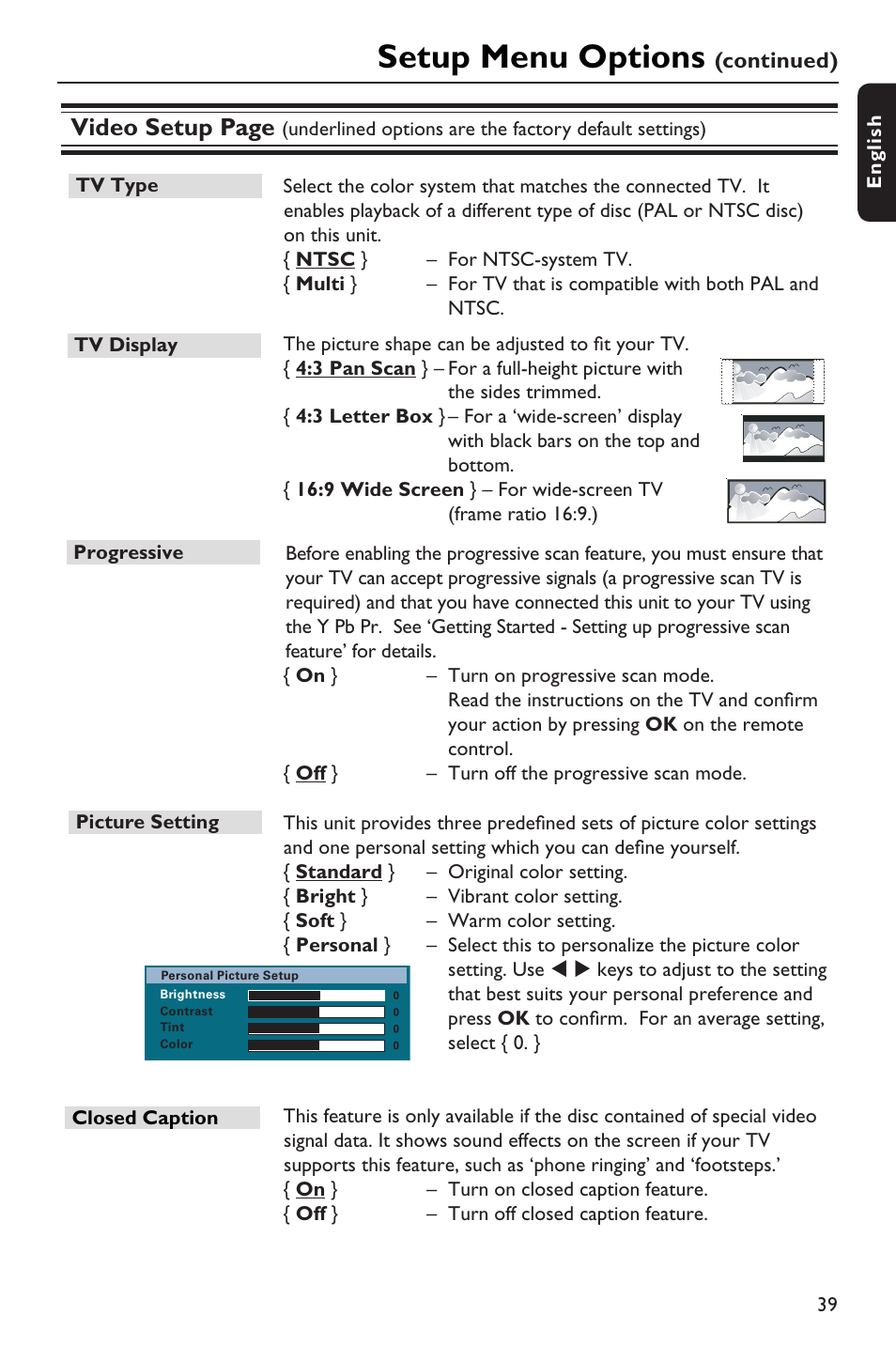 Setup menu options, Video setup page | Philips HTS3151D User Manual | Page 39 / 55