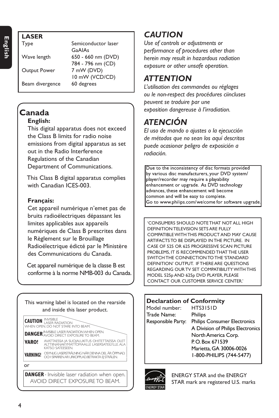 Canada, Caution, Attention | Atención | Philips HTS3151D User Manual | Page 4 / 55