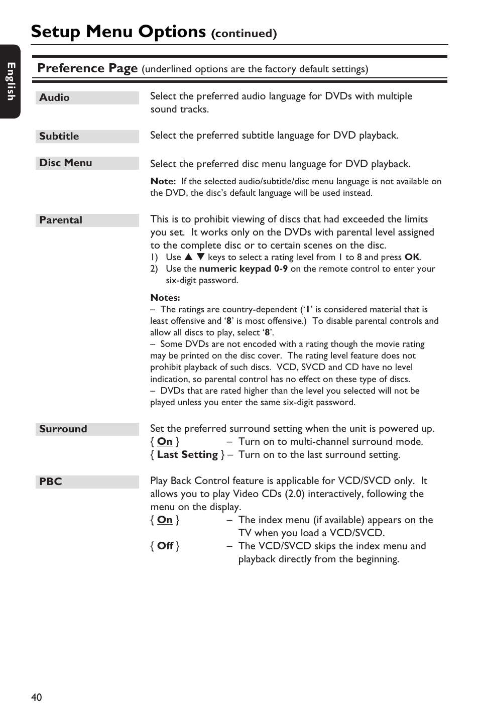Setup menu options, Preference page | Philips HTS3151D User Manual | Page 40 / 55