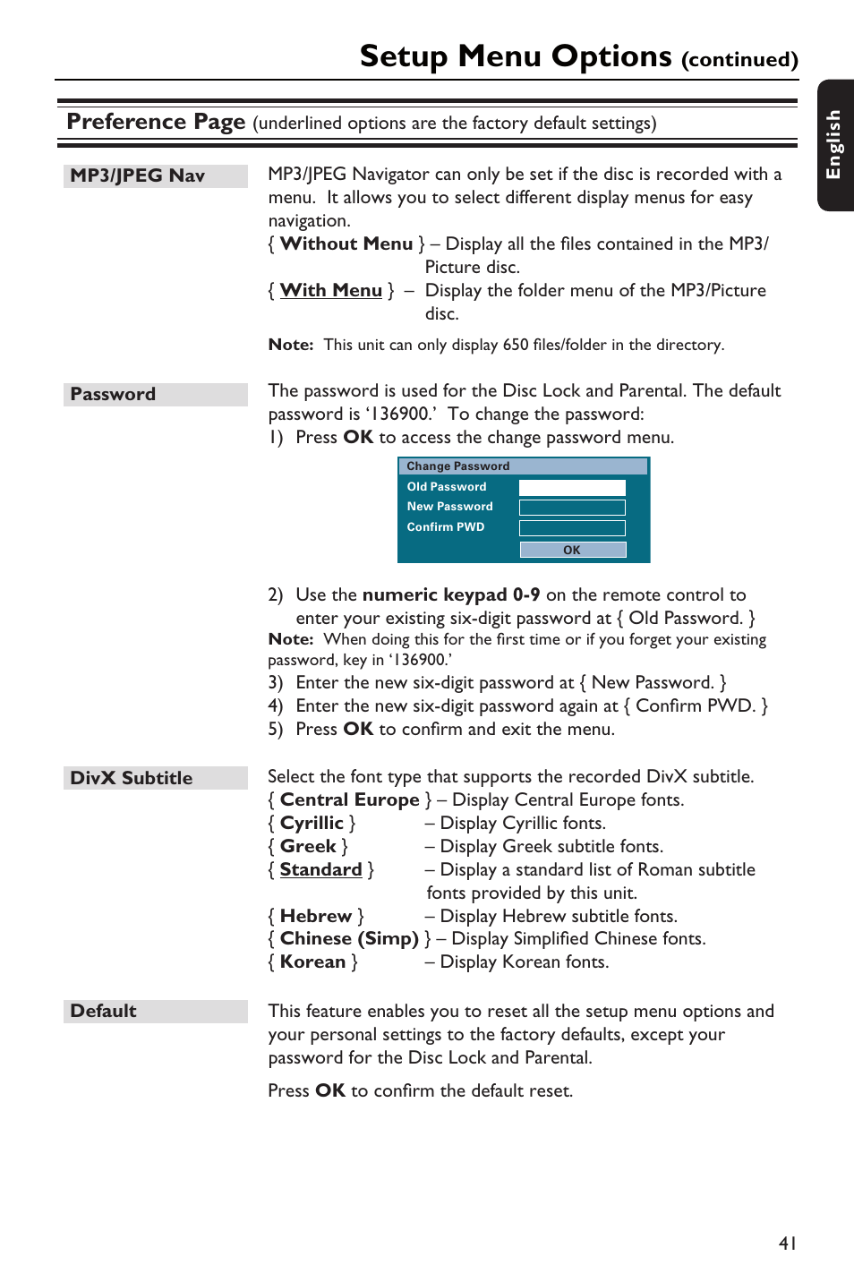Setup menu options, Preference page, Continued) | Philips HTS3151D User Manual | Page 41 / 55