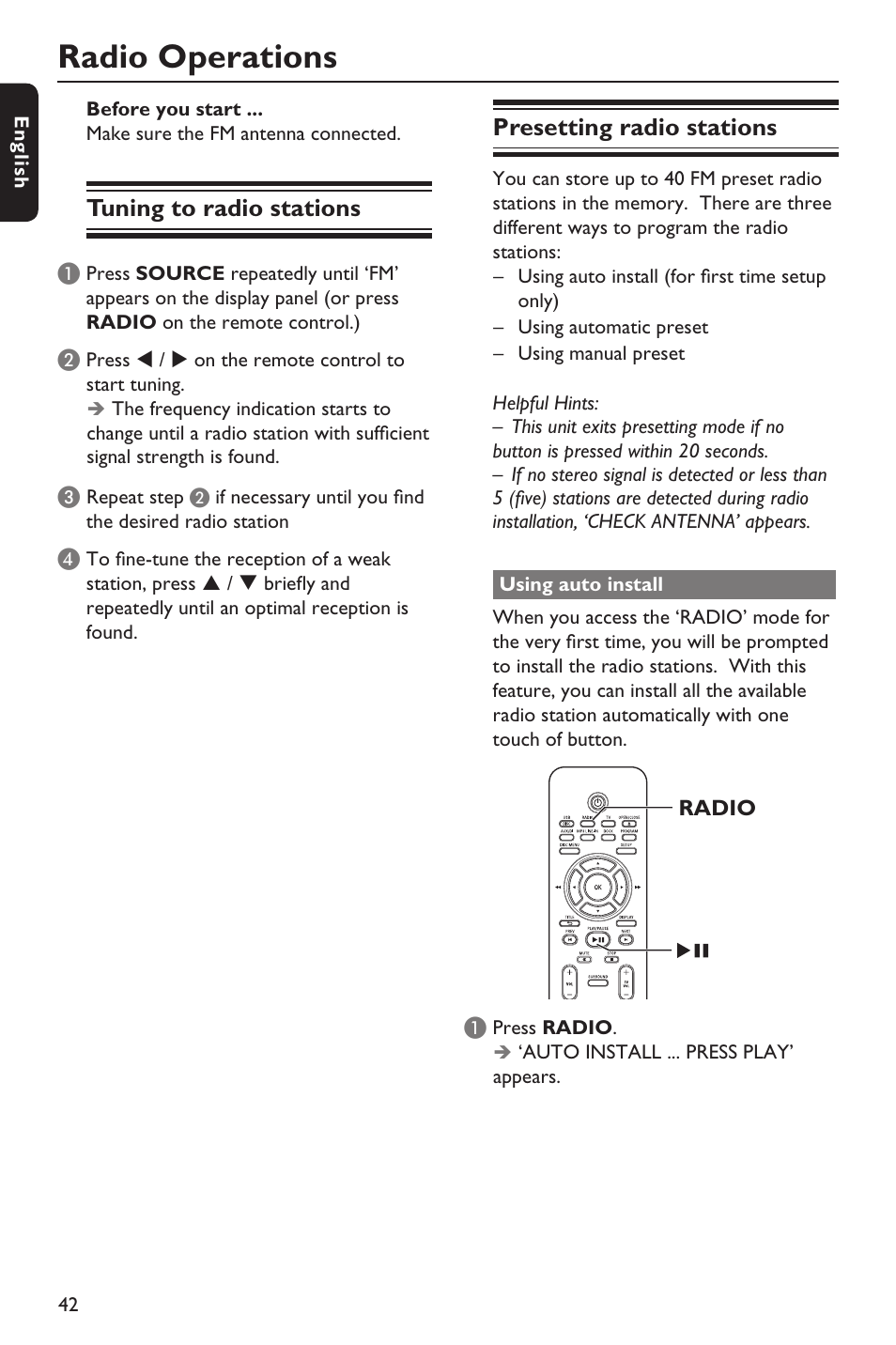 Radio operations, Tuning to radio stations, Presetting radio stations | Philips HTS3151D User Manual | Page 42 / 55