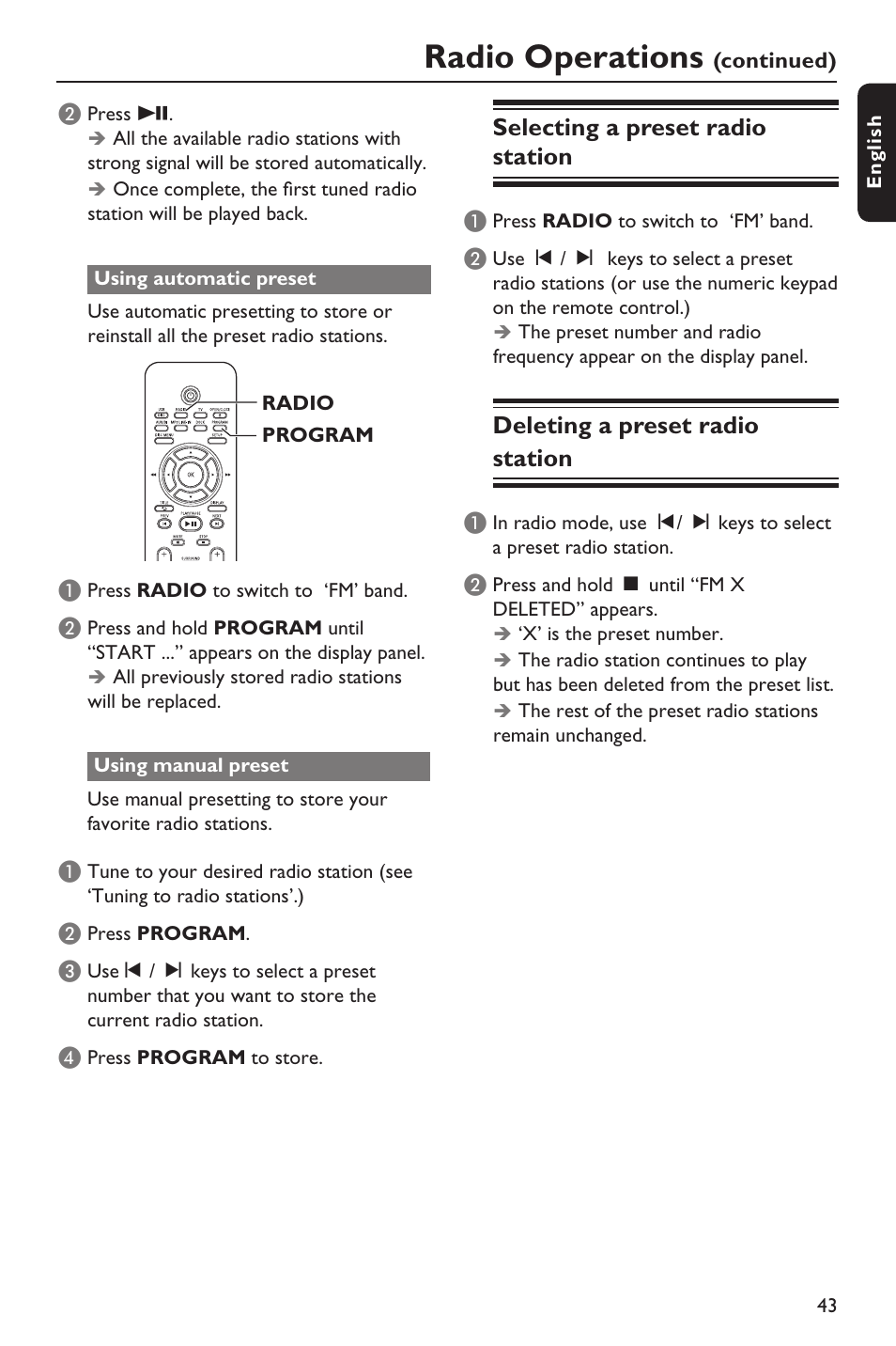 Radio operations, Selecting a preset radio station, Deleting a preset radio station | Philips HTS3151D User Manual | Page 43 / 55