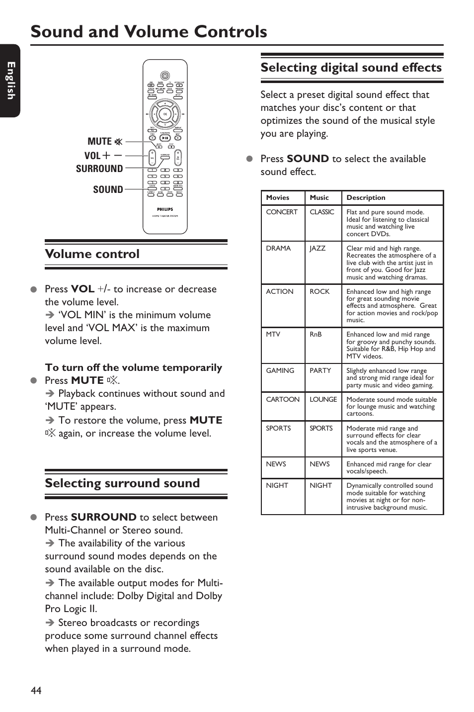 Sound and volume controls, Volume control, Selecting surround sound | Selecting digital sound effects | Philips HTS3151D User Manual | Page 44 / 55