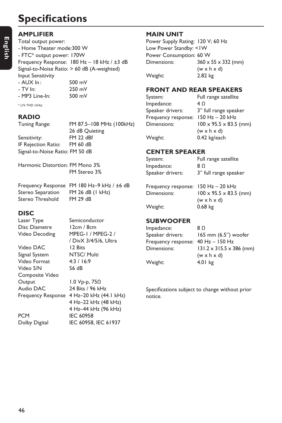 Specifi cations | Philips HTS3151D User Manual | Page 46 / 55
