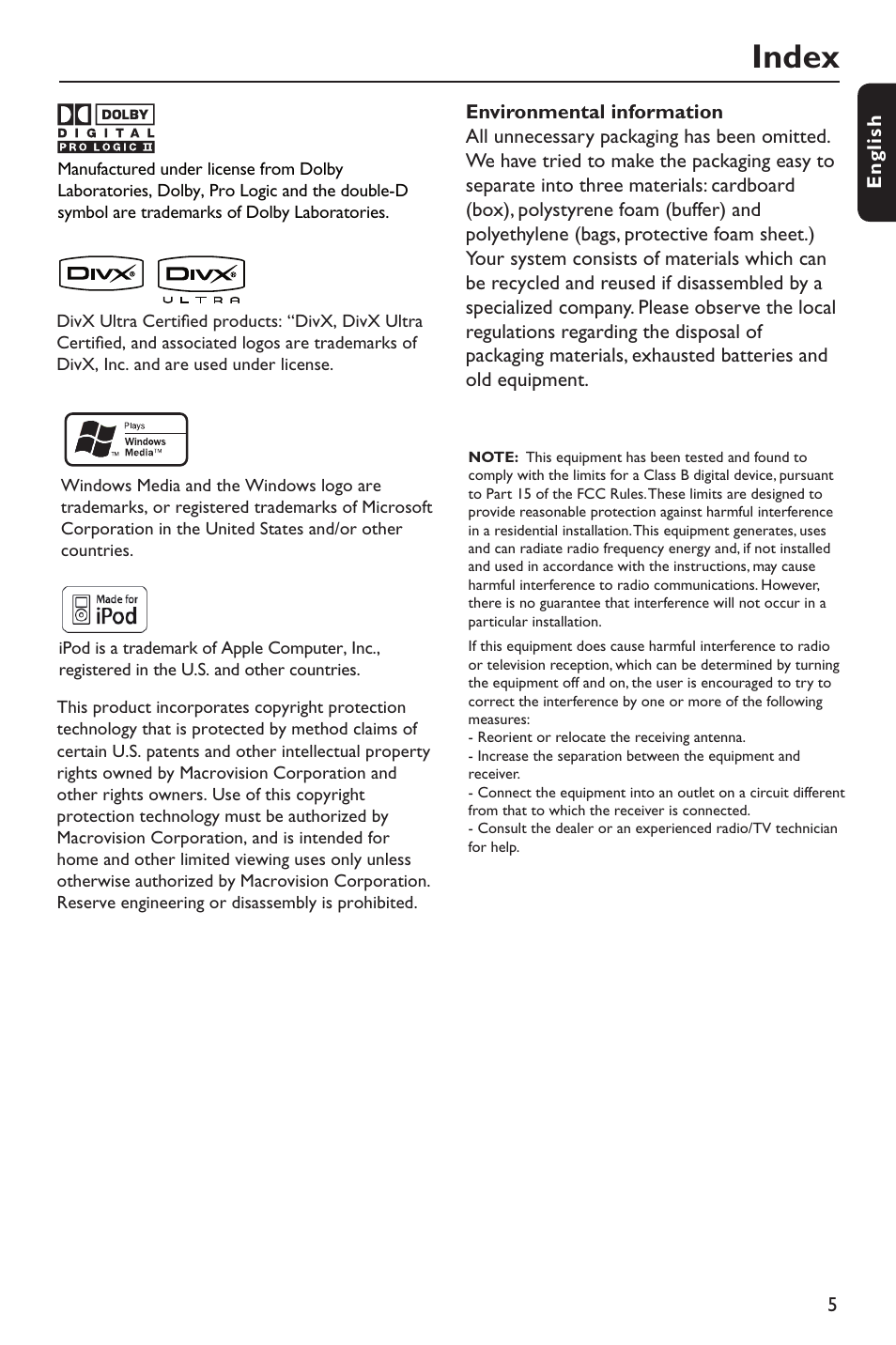 Index | Philips HTS3151D User Manual | Page 5 / 55