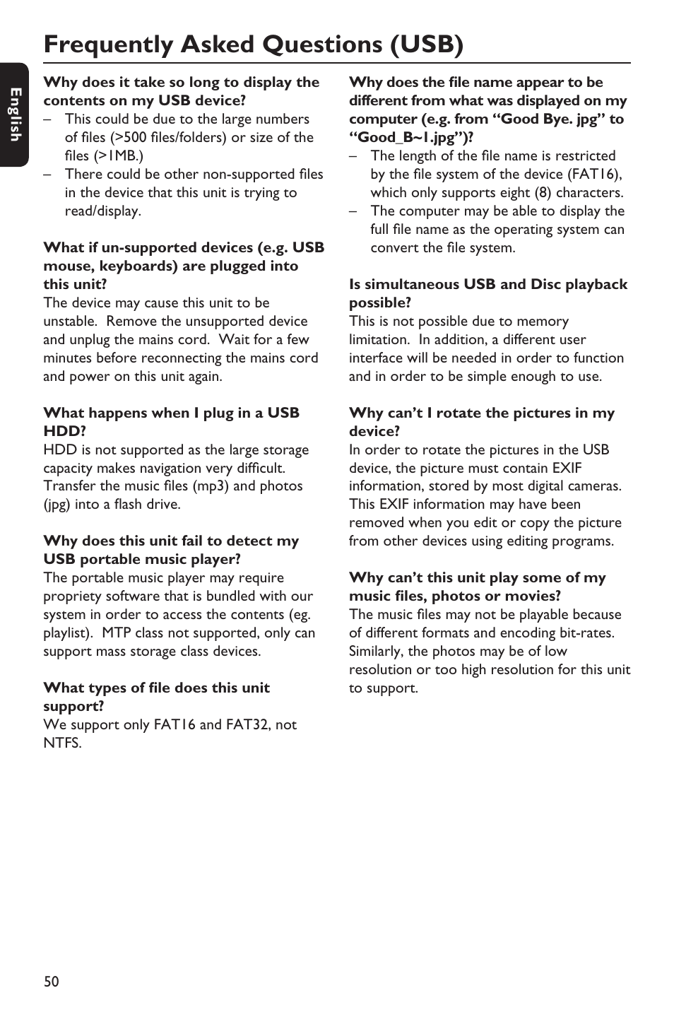 Frequently asked questions (usb) | Philips HTS3151D User Manual | Page 50 / 55