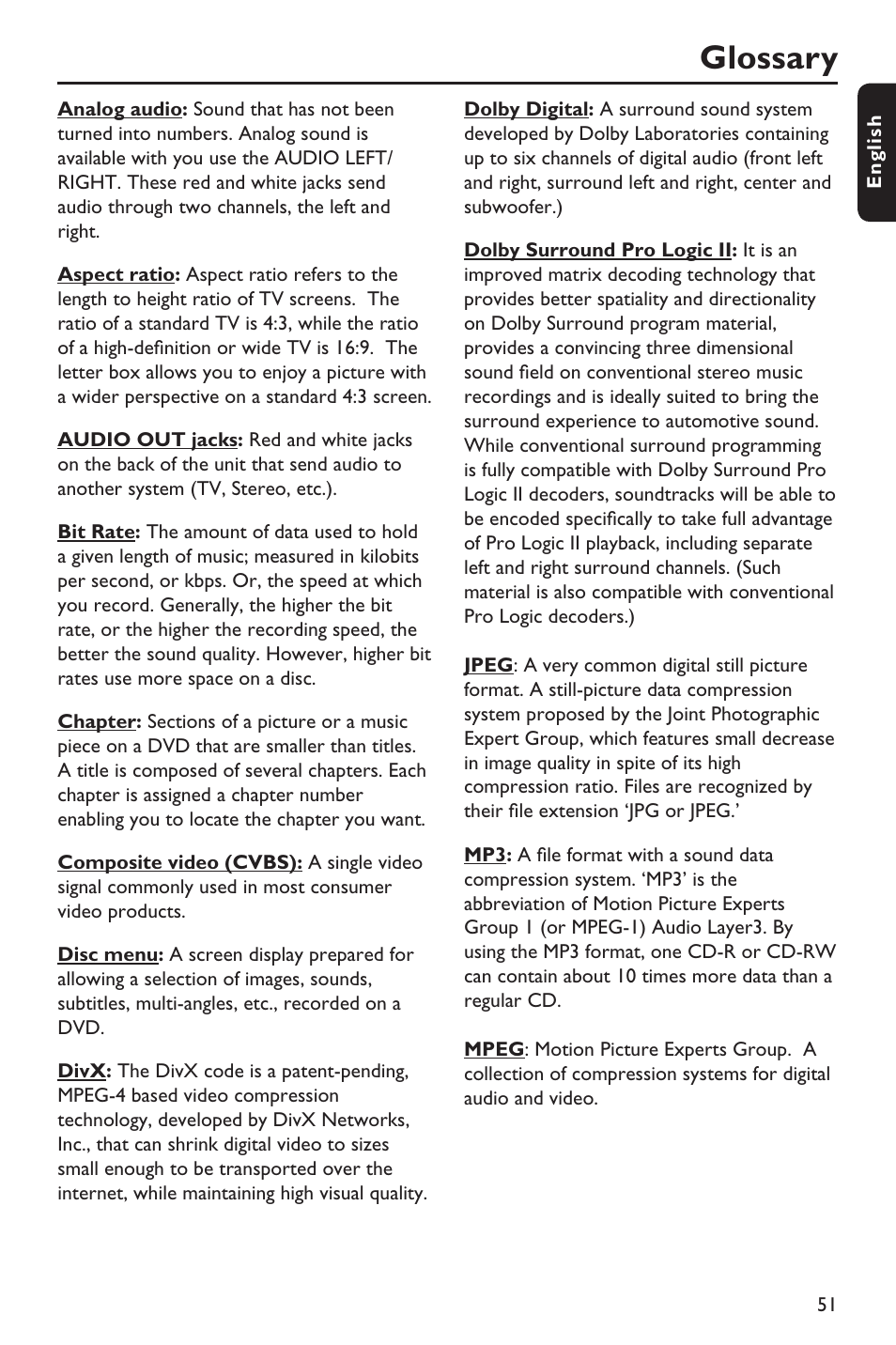 Glossary | Philips HTS3151D User Manual | Page 51 / 55