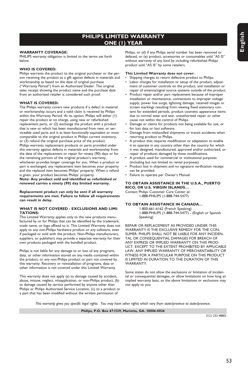 53 english, Philips limited warranty one (1) year | Philips HTS3151D User Manual | Page 53 / 55