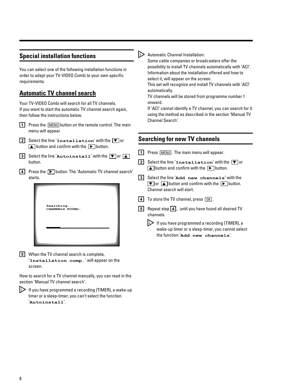 Special installation functions, Automatic tv channel search, Searching for new tv channels | Philips 21PV708-715-908/07 User Manual | Page 10 / 31