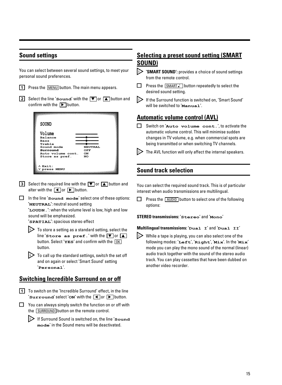 Switching incredible surround on or off, Selecting a preset sound setting (smart sound), Automatic volume control (avl) | Sound track selection, Sound settings | Philips 21PV708-715-908/07 User Manual | Page 17 / 31