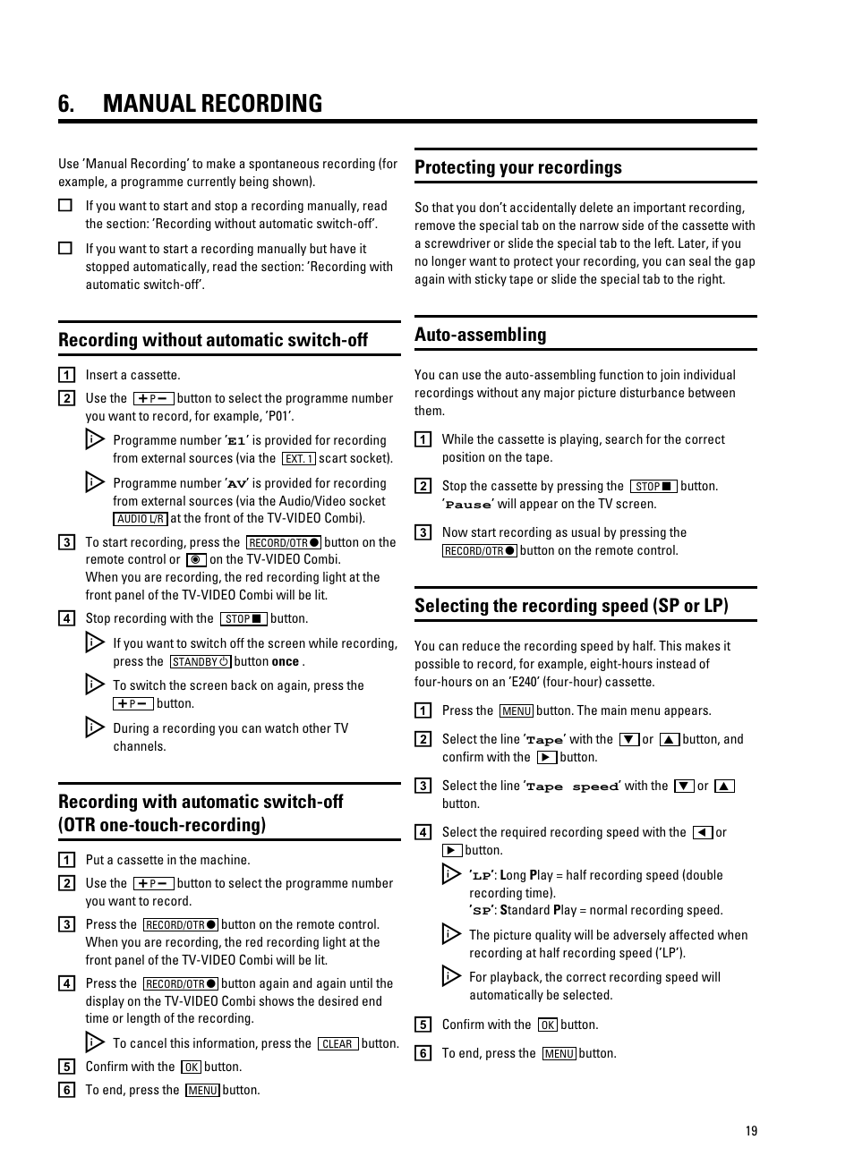 Manual recording, Recording without automatic switch-off, Protecting your recordings | Auto-assembling, Selecting the recording speed (sp or lp) | Philips 21PV708-715-908/07 User Manual | Page 21 / 31