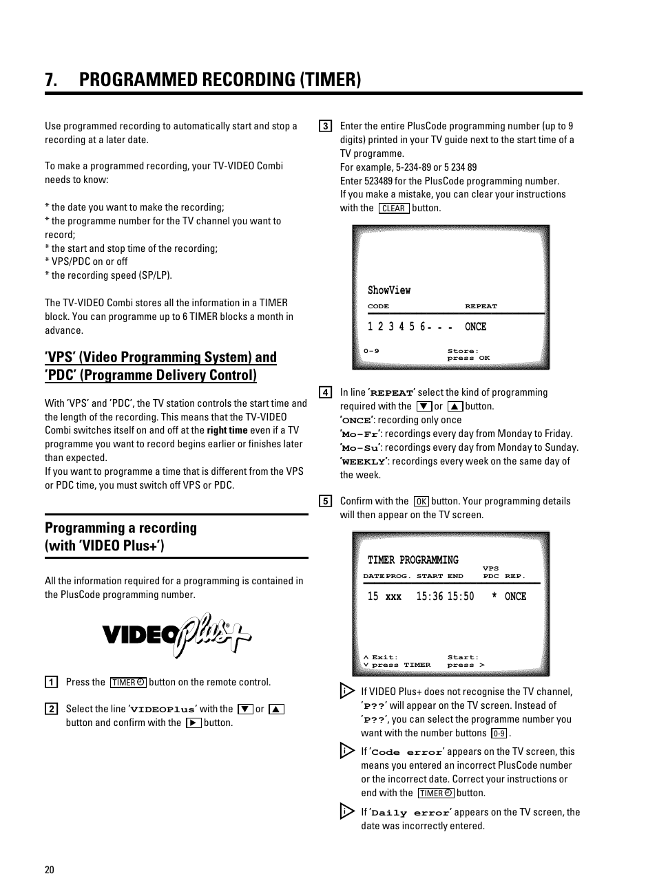 Programmed recording (timer), Programming a recording (with ’video plus+’) | Philips 21PV708-715-908/07 User Manual | Page 22 / 31