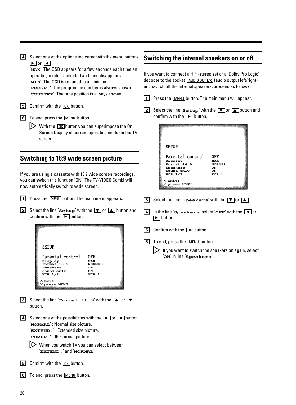 Switching to 16:9 wide screen picture, Switching the internal speakers on or off | Philips 21PV708-715-908/07 User Manual | Page 28 / 31