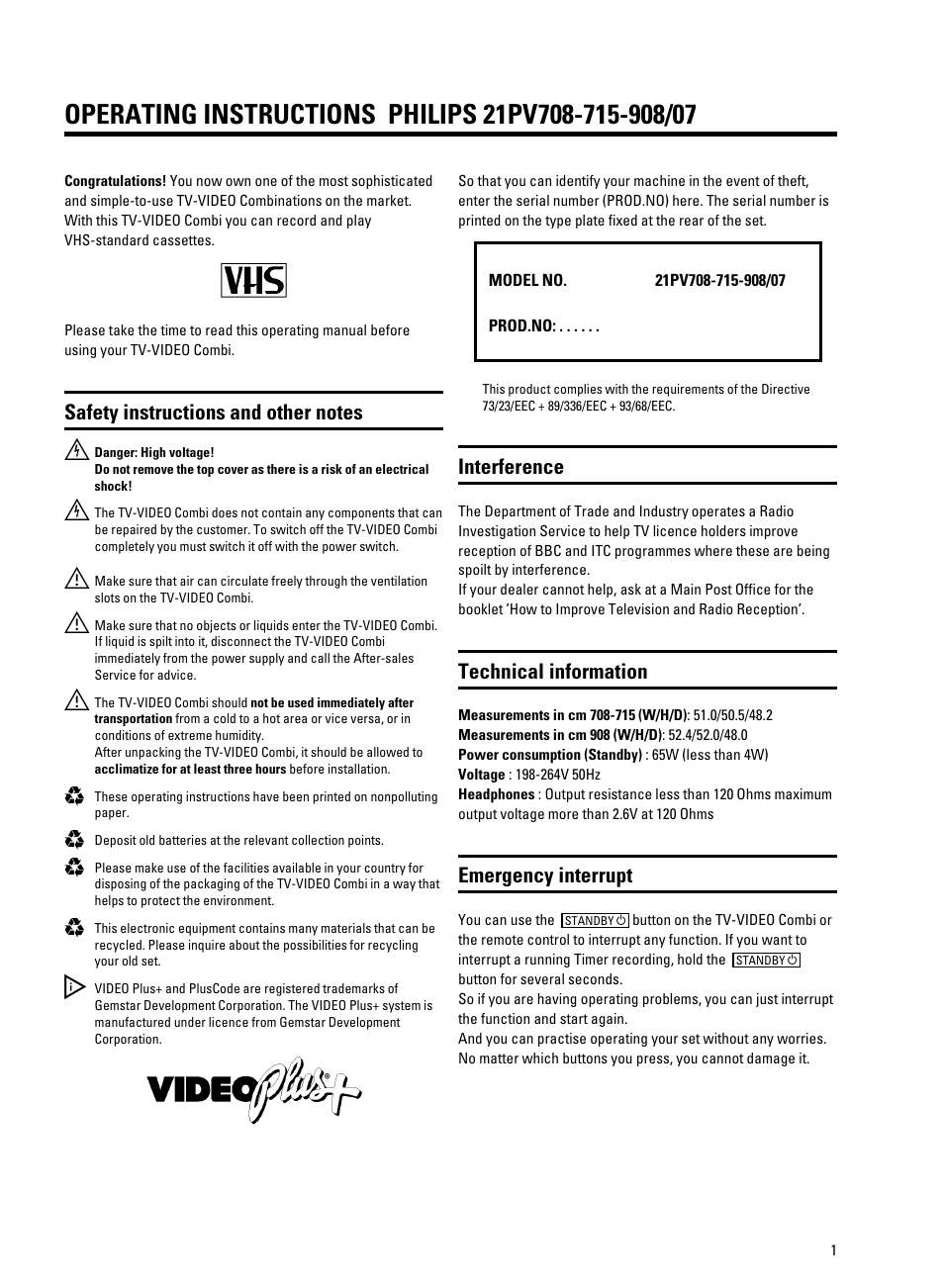 Interference, Technical information, Emergency interrupt | Philips 21PV708-715-908/07 User Manual | Page 4 / 31