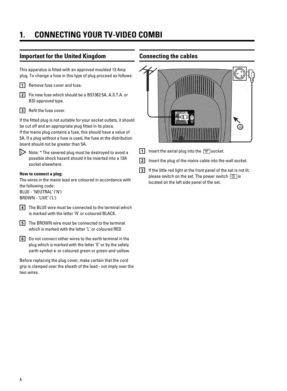 Connecting your tv-video combi, Connecting the cables, Important for the united kingdom | Philips 21PV708-715-908/07 User Manual | Page 6 / 31