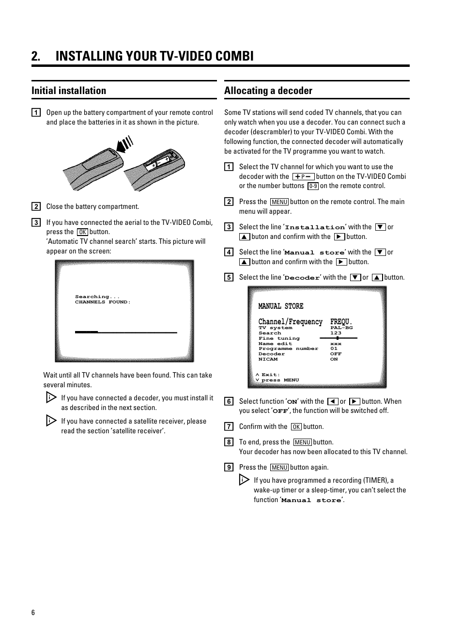 Installing your tv-video combi, Initial installation, Allocating a decoder | Philips 21PV708-715-908/07 User Manual | Page 8 / 31