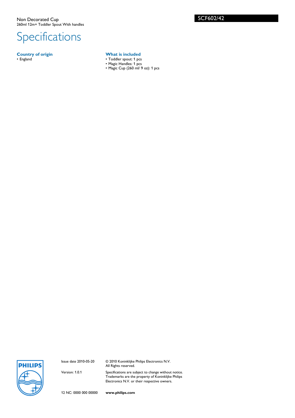 Specifications | Philips Avent SCF602/42 User Manual | Page 2 / 2