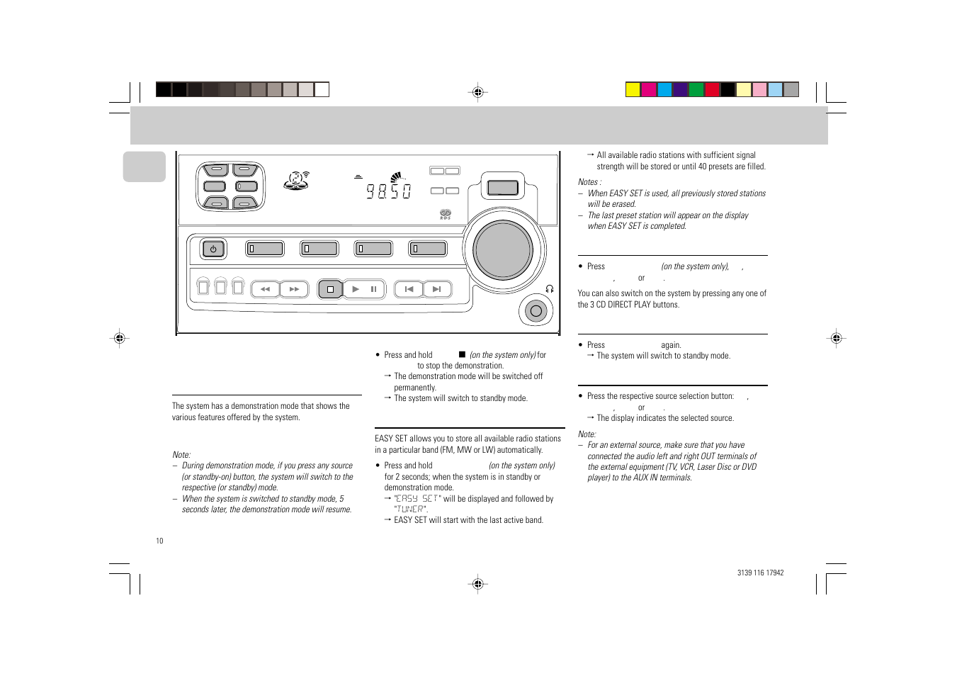 Operating the system, Demonstration mode, Easy set | Switching the system on, Switching the system to standby mode, Selecting the source | Philips FW 358C User Manual | Page 10 / 24