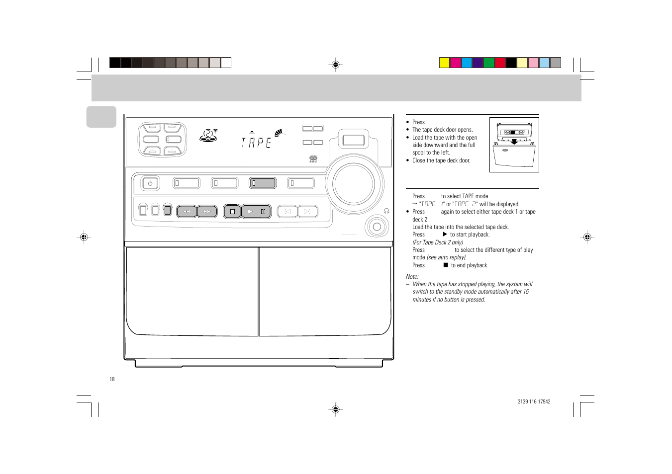 Tape, Tape 1 tape 2, Loading a tape | Tape playback, English, Fw 318c | Philips FW 358C User Manual | Page 18 / 24