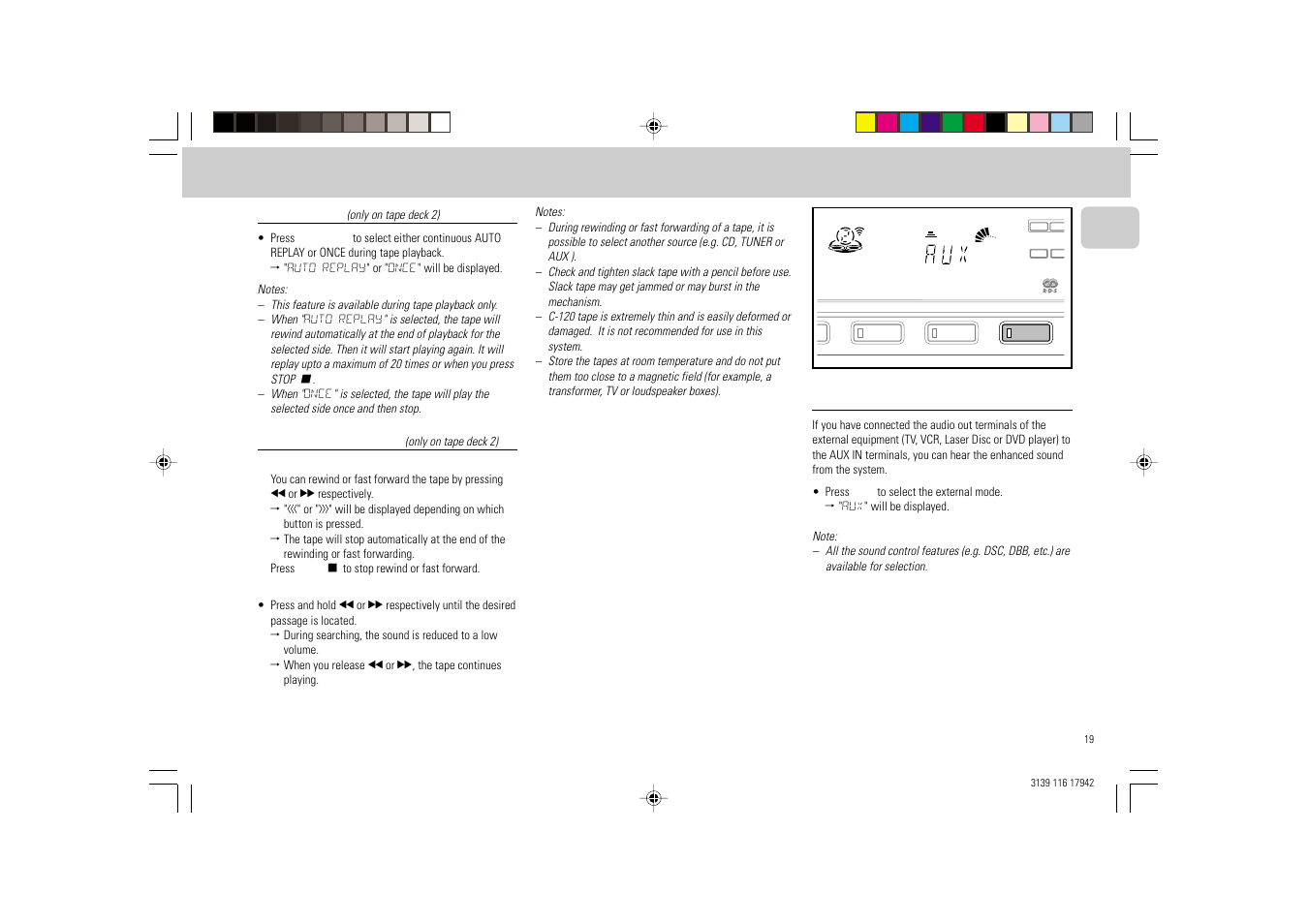 Tape aux, Auto replay, Rewind/fast forward | Selecting external equipment | Philips FW 358C User Manual | Page 19 / 24