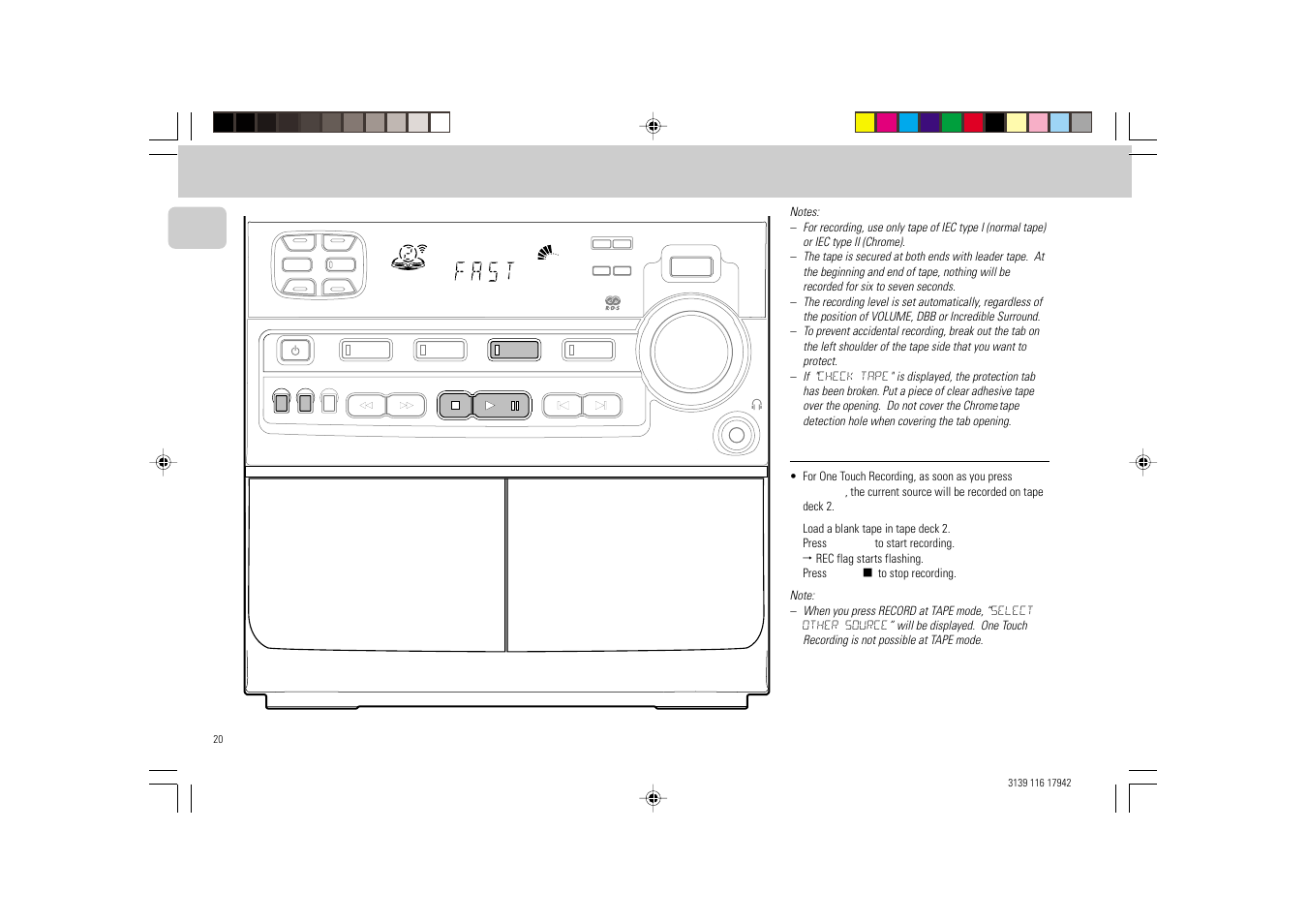 Recording, Tape 1 tape 2, One touch recording | English, Tape detection hole when covering the tab opening, Fw 318c | Philips FW 358C User Manual | Page 20 / 24