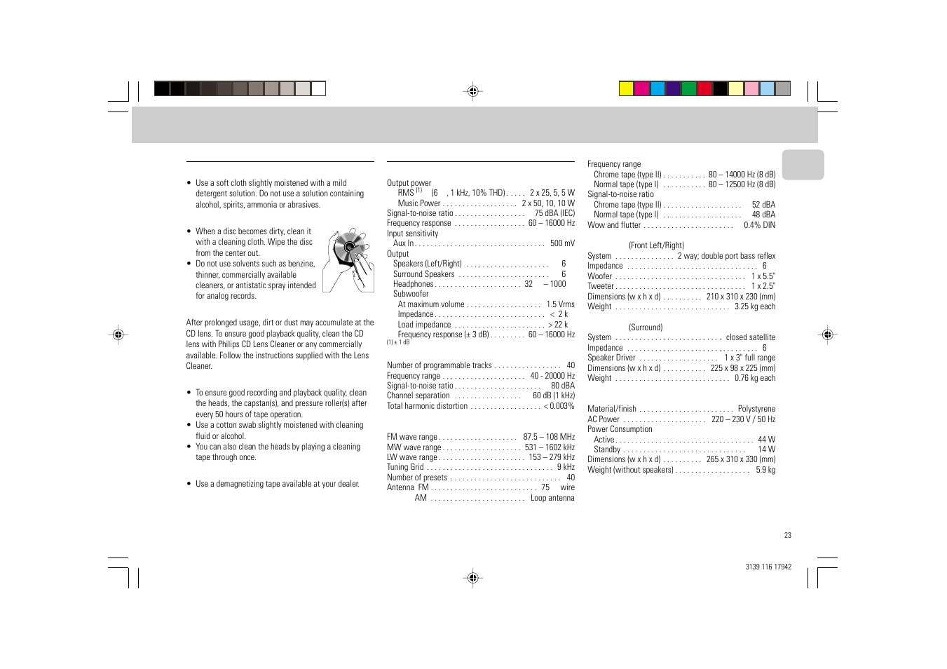 Maintenance specifications | Philips FW 358C User Manual | Page 23 / 24