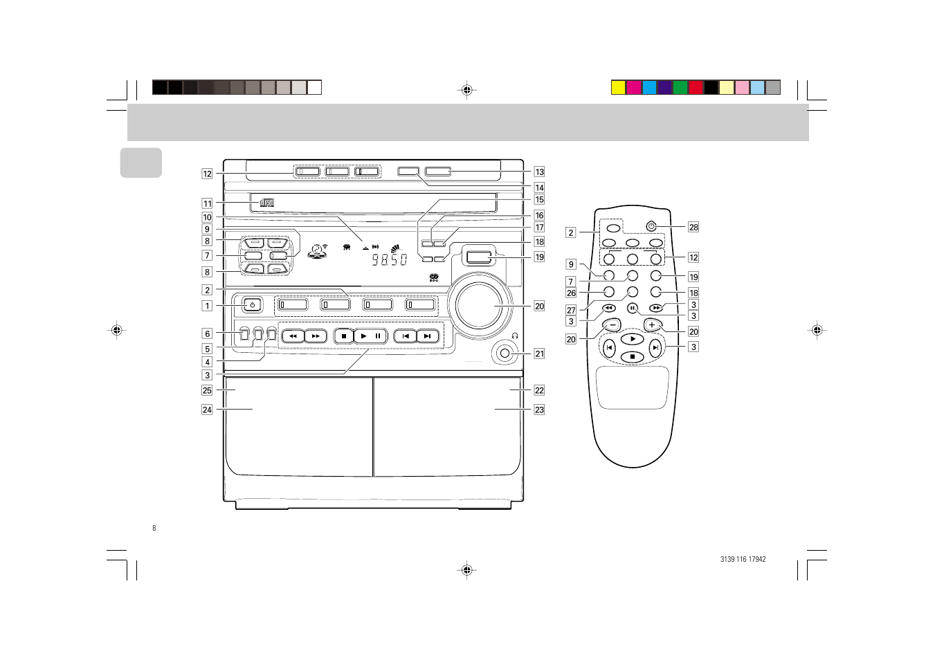 Controls, Tape 1 tape 2, English | Philips FW 358C User Manual | Page 8 / 24