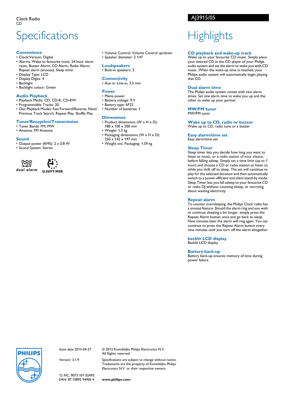 Specifications, Highlights | Philips CD TRACK AJ3915 User Manual | Page 2 / 2