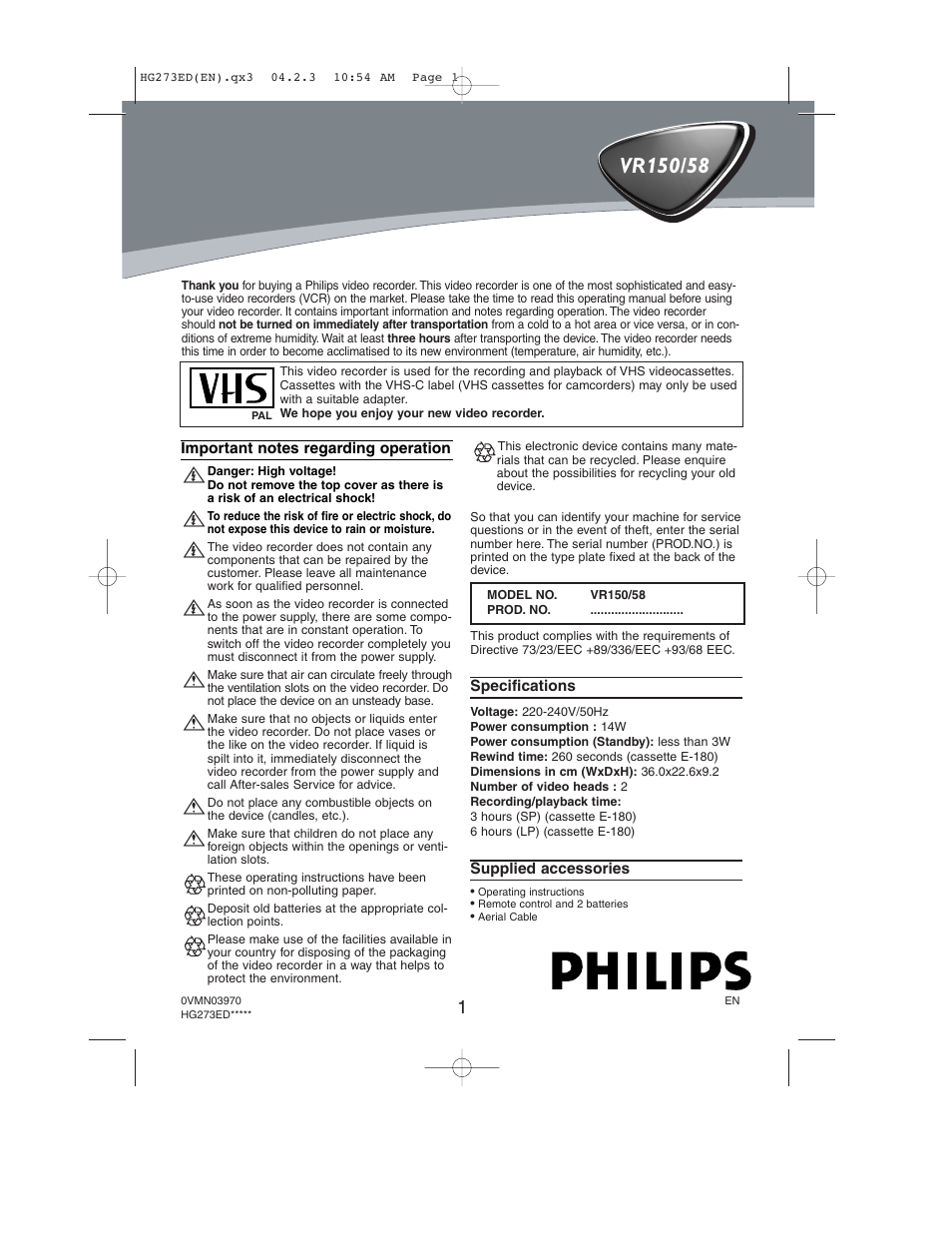 Philips VR150/58 User Manual | 16 pages