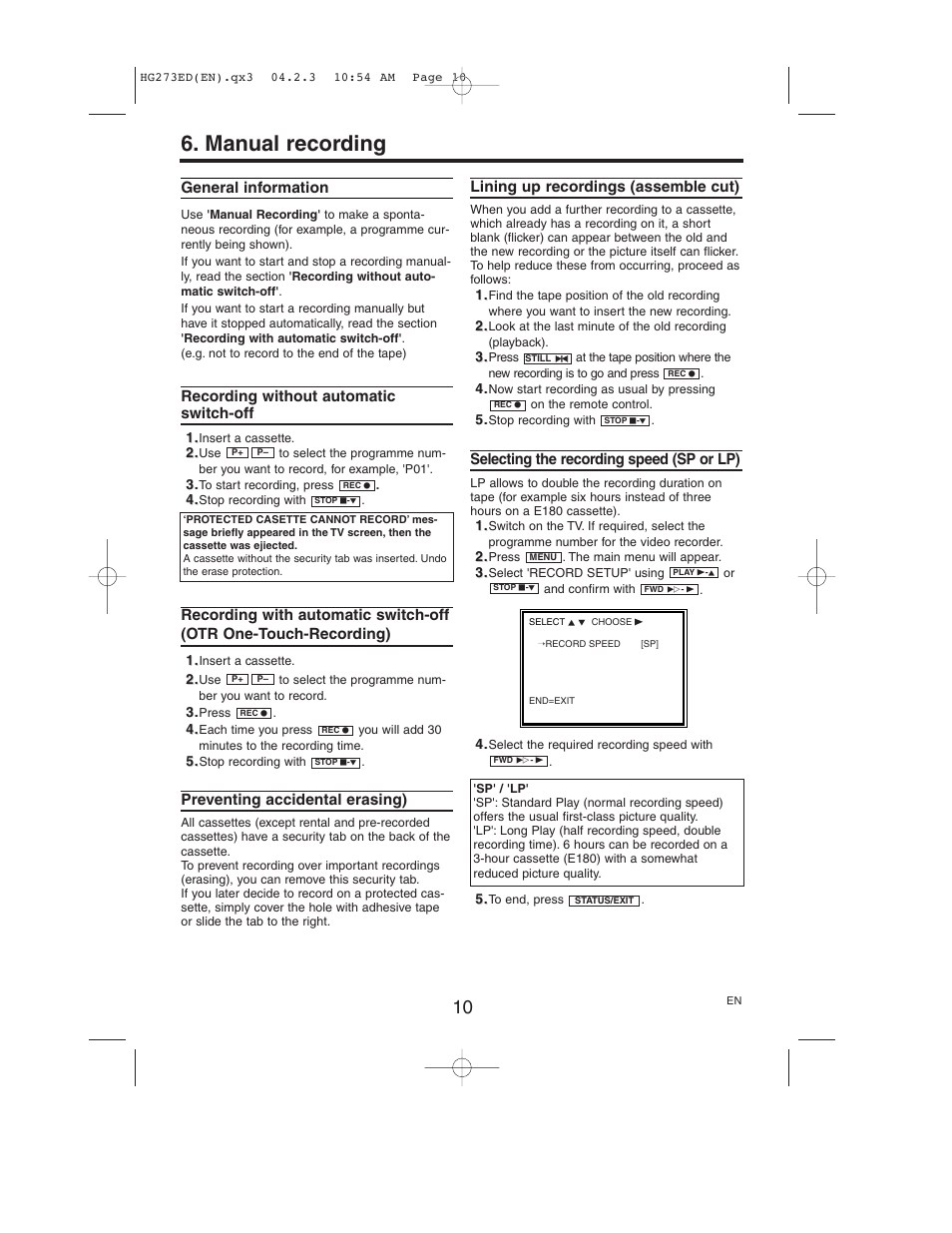 Manual recording | Philips VR150/58 User Manual | Page 10 / 16