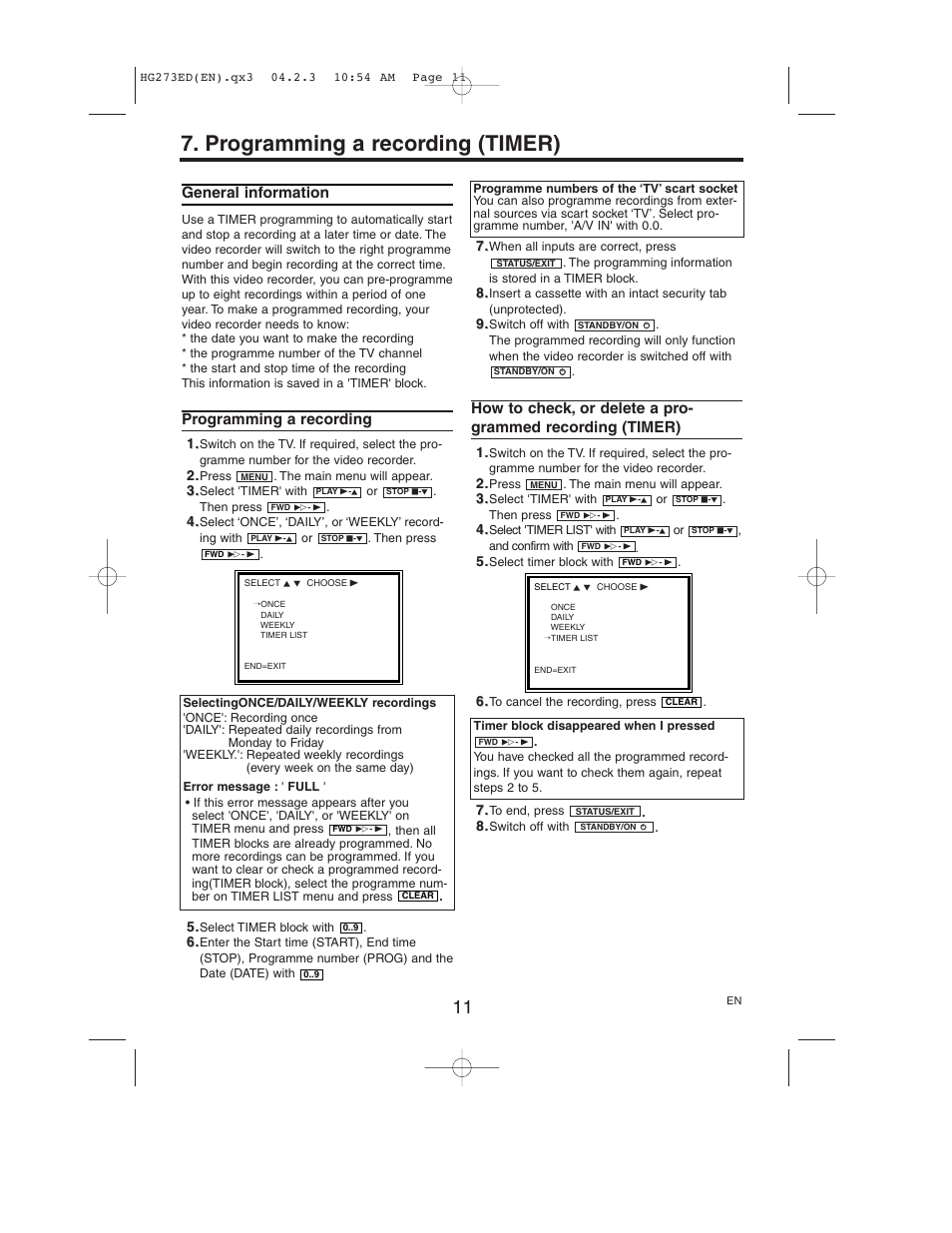 Programming a recording (timer), General information, Programming a recording | Philips VR150/58 User Manual | Page 11 / 16