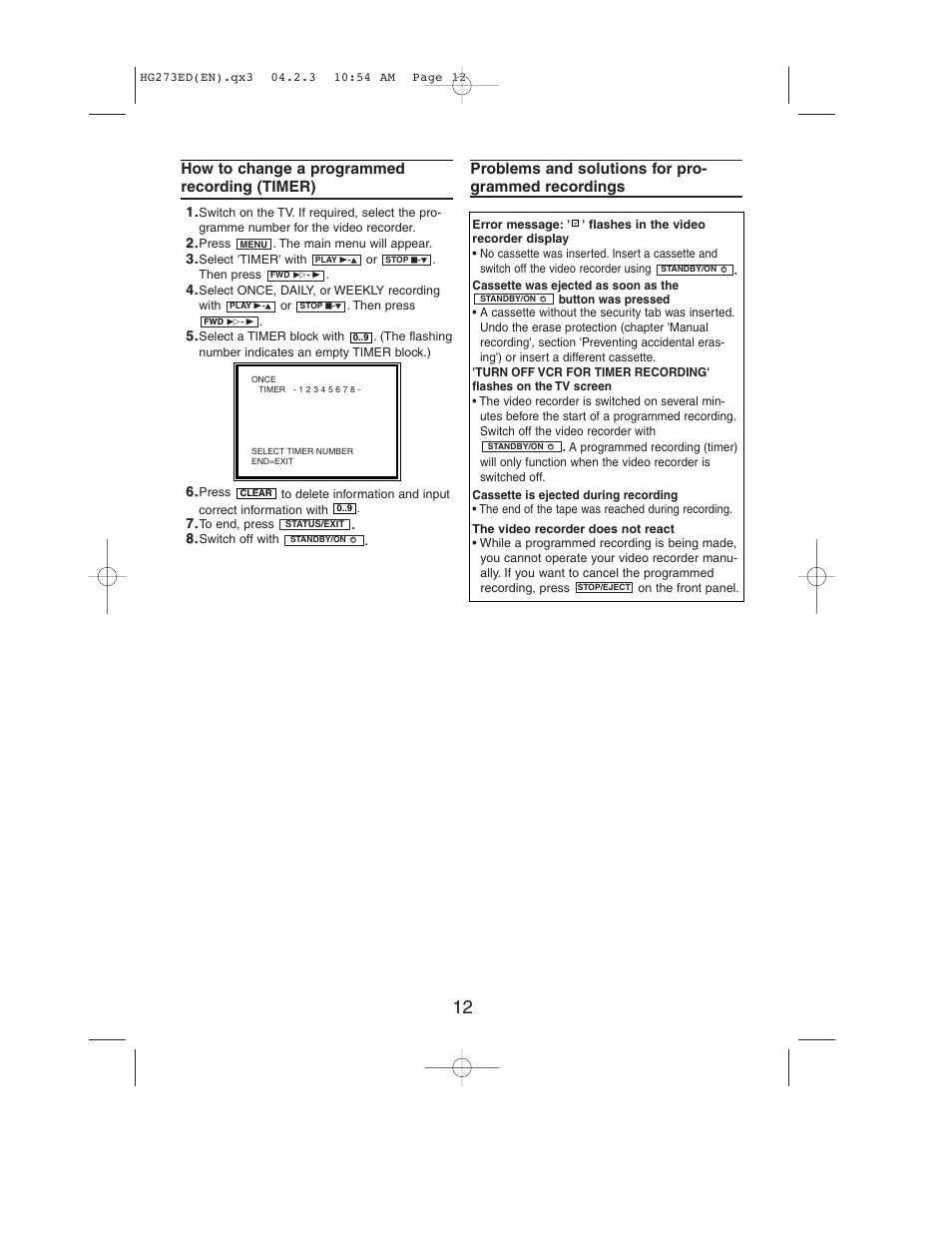 How to change a programmed recording (timer), Problems and solutions for pro- grammed recordings | Philips VR150/58 User Manual | Page 12 / 16