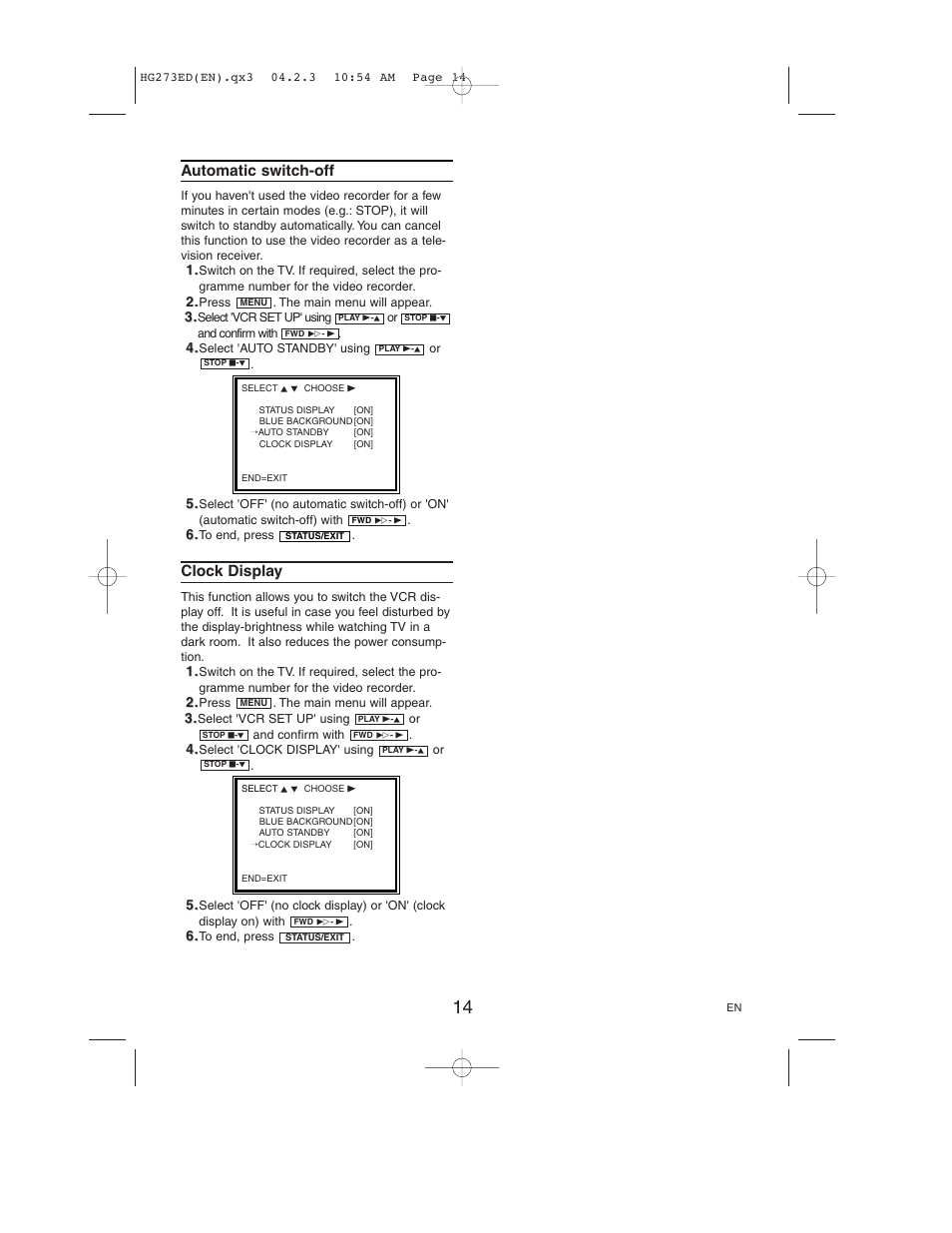 Automatic switch-off, Clock display | Philips VR150/58 User Manual | Page 14 / 16