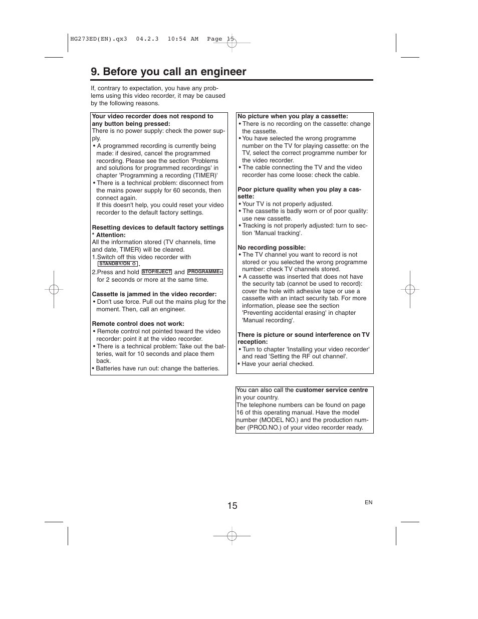 Before you call an engineer | Philips VR150/58 User Manual | Page 15 / 16