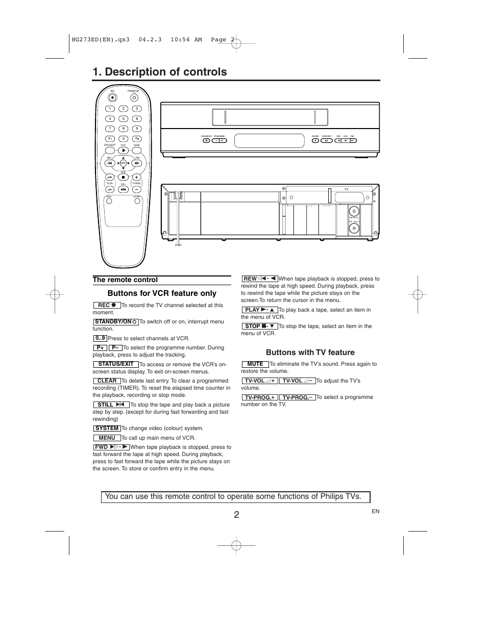 Description of controls, Buttons for vcr feature only, Buttons with tv feature | The remote control | Philips VR150/58 User Manual | Page 2 / 16