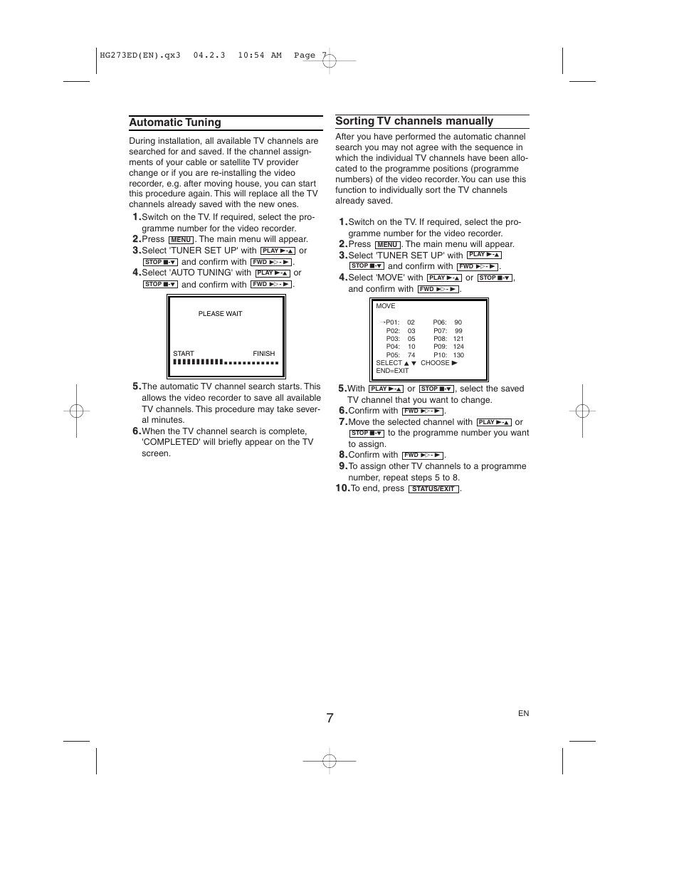 Automatic tuning, Sorting tv channels manually | Philips VR150/58 User Manual | Page 7 / 16