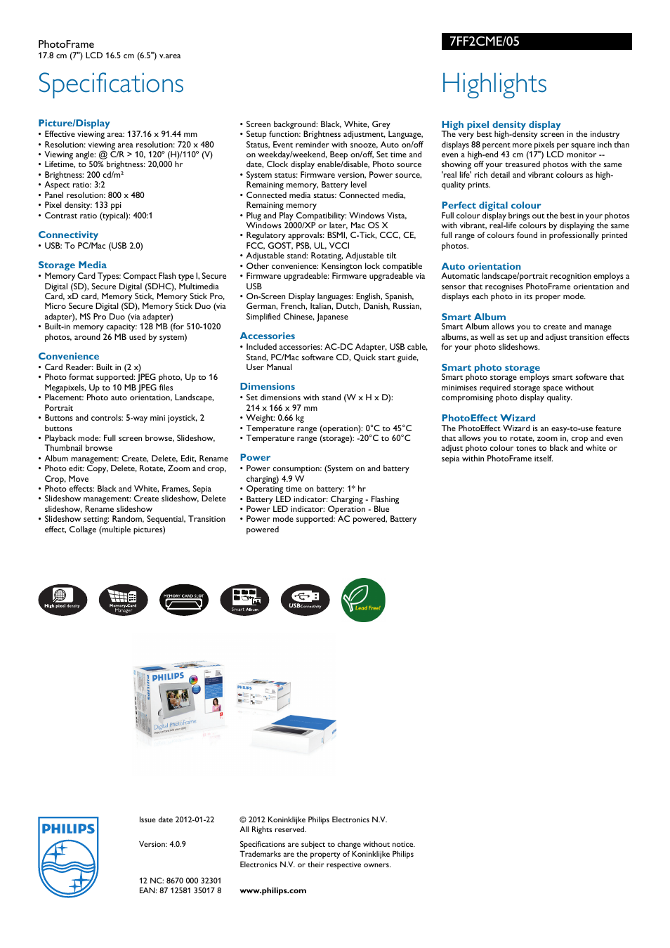 Specifications, Highlights, 7ff2cme/05 | Philips 7FF2CME/05 User Manual | Page 2 / 2