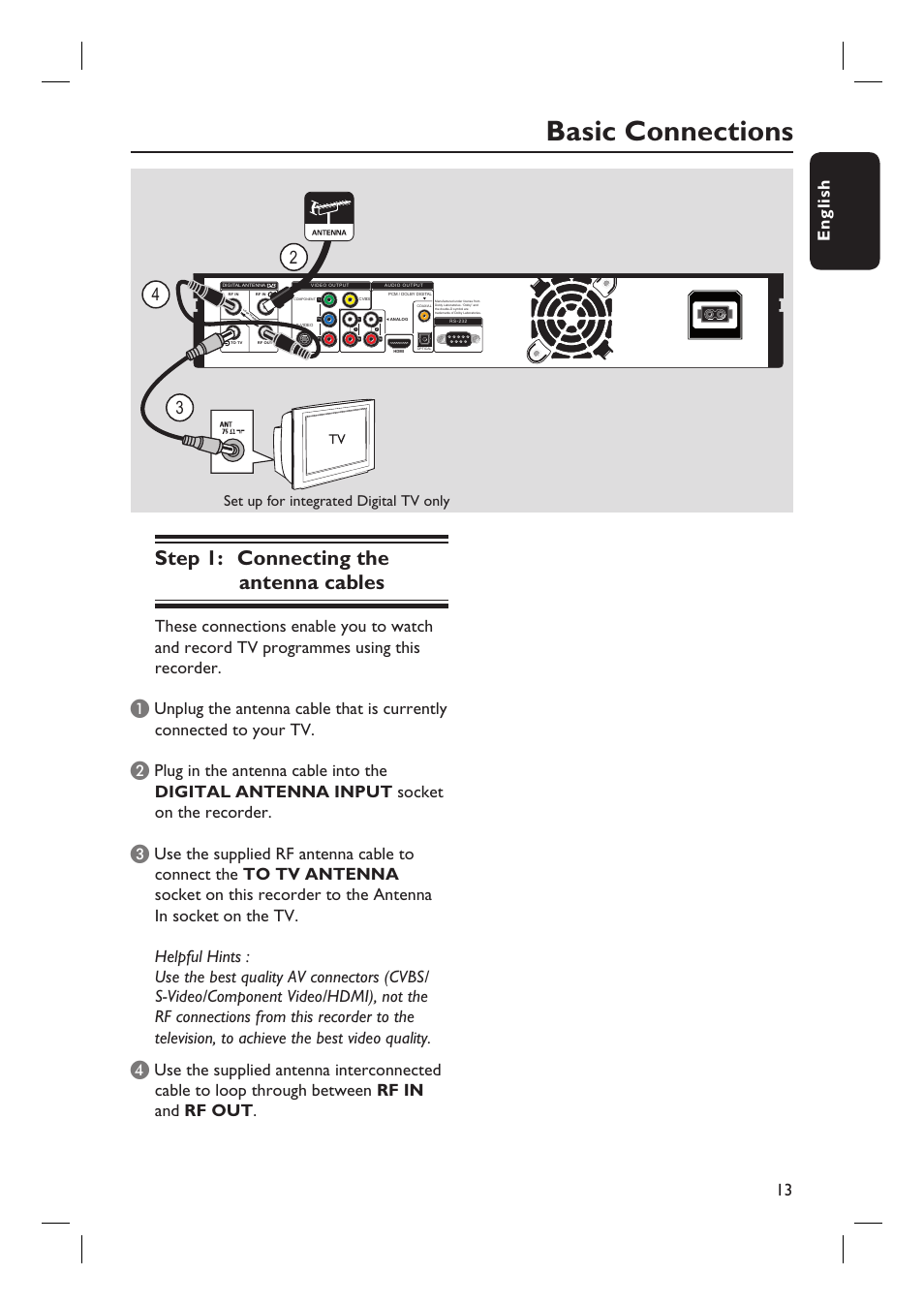 Basic connections, Step 1: connecting the antenna cables, 13 english | Set up for integrated digital tv only | Philips DVR5100 User Manual | Page 13 / 43