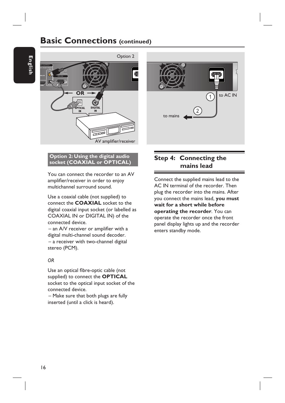 Basic connections, Step 4: connecting the mains lead, Continued) | Philips DVR5100 User Manual | Page 16 / 43