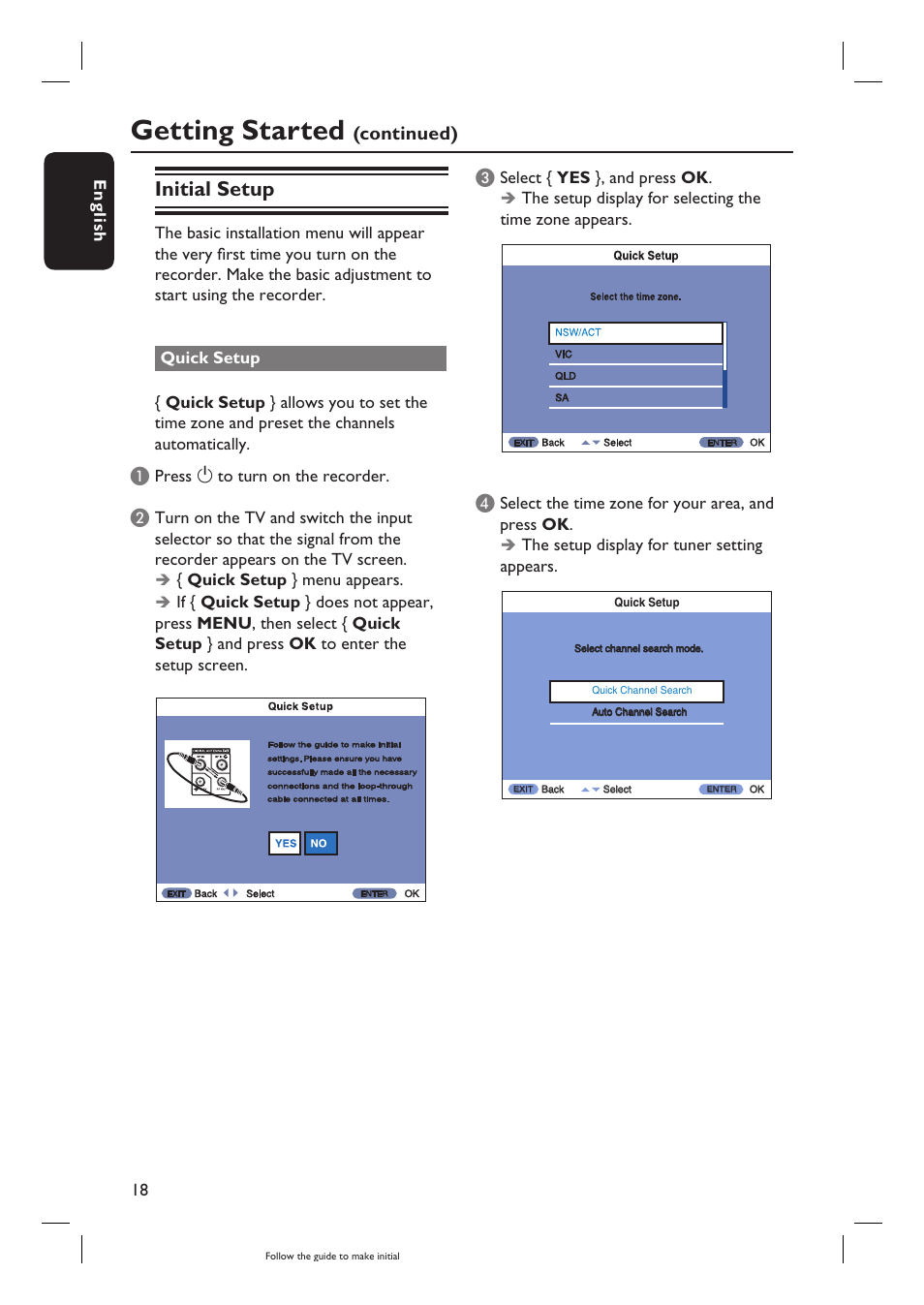 Getting started, Initial setup | Philips DVR5100 User Manual | Page 18 / 43