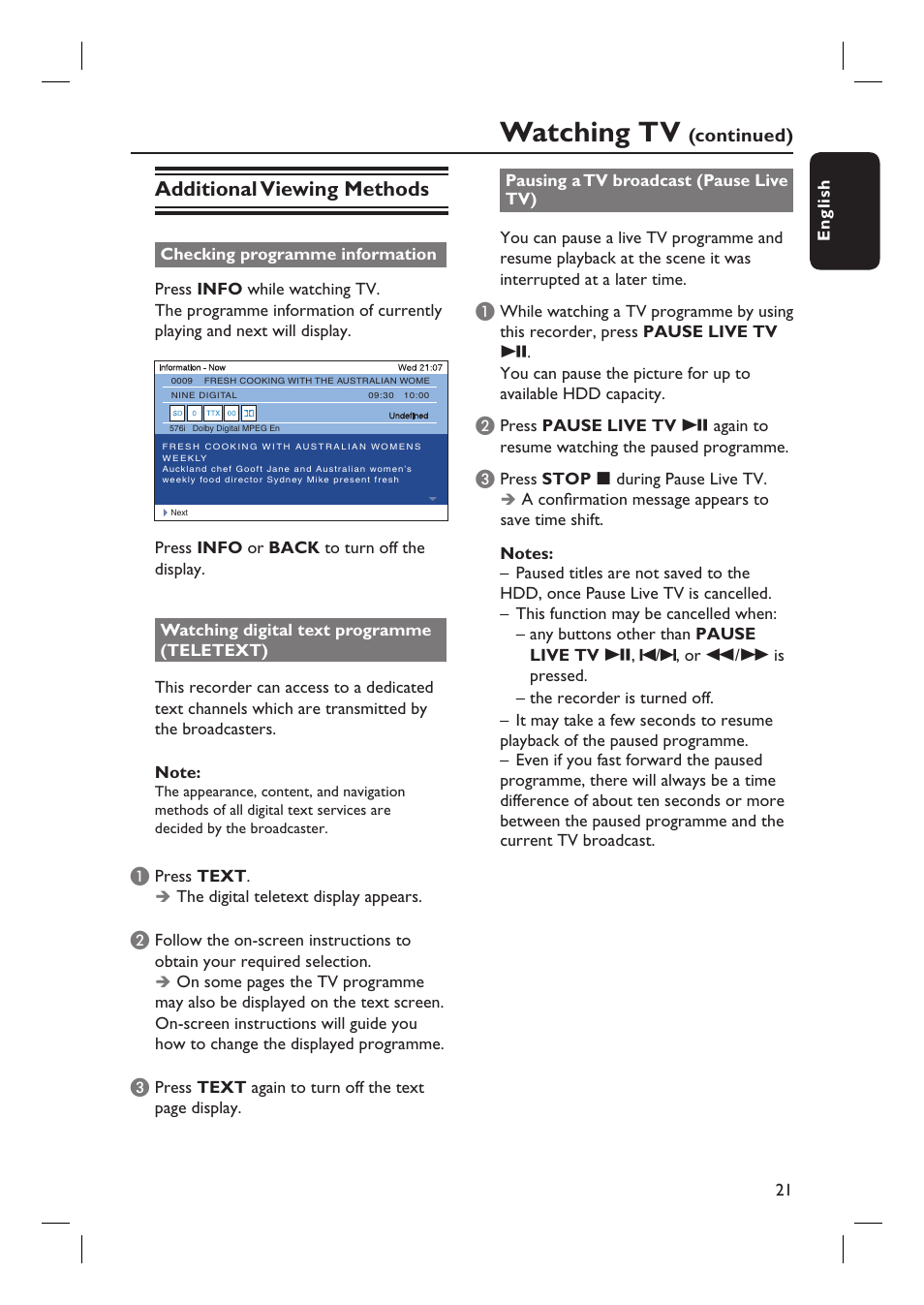 Watching tv, Additional viewing methods | Philips DVR5100 User Manual | Page 21 / 43