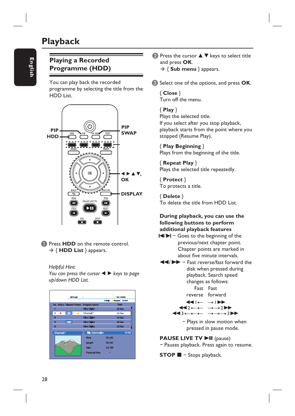 Playback, Playing a recorded programme (hdd) | Philips DVR5100 User Manual | Page 28 / 43