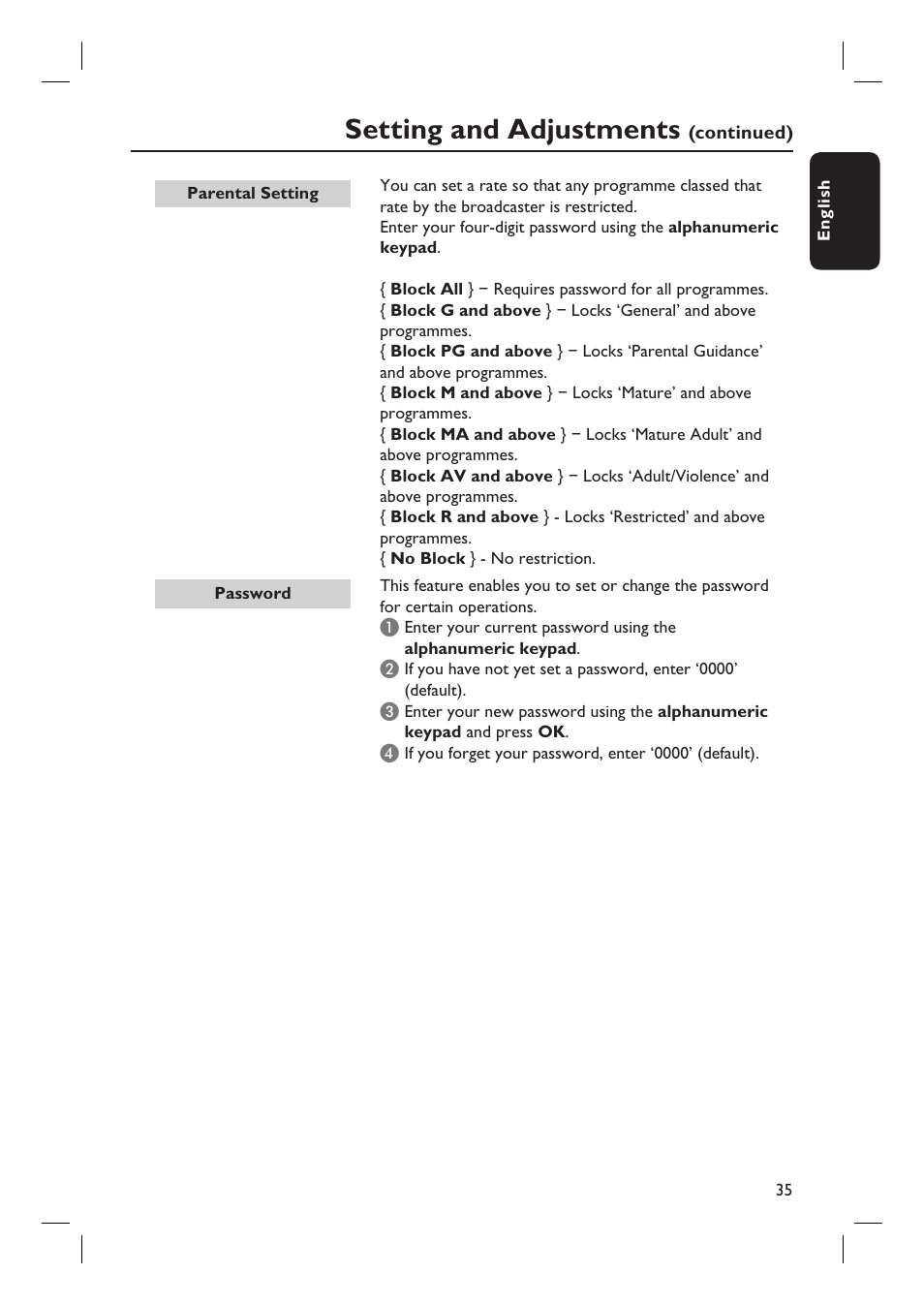 Setting and adjustments | Philips DVR5100 User Manual | Page 35 / 43