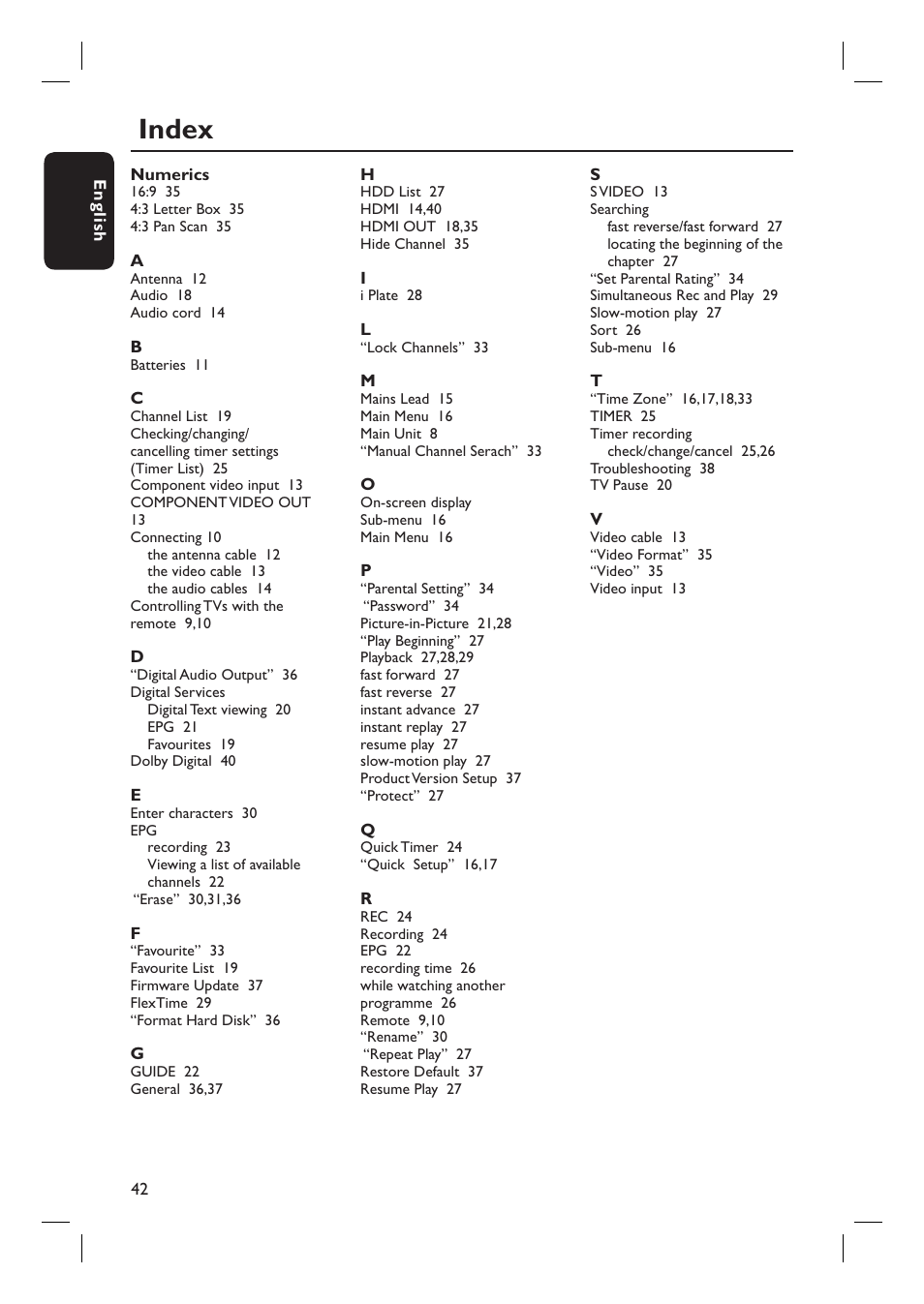 Index | Philips DVR5100 User Manual | Page 42 / 43