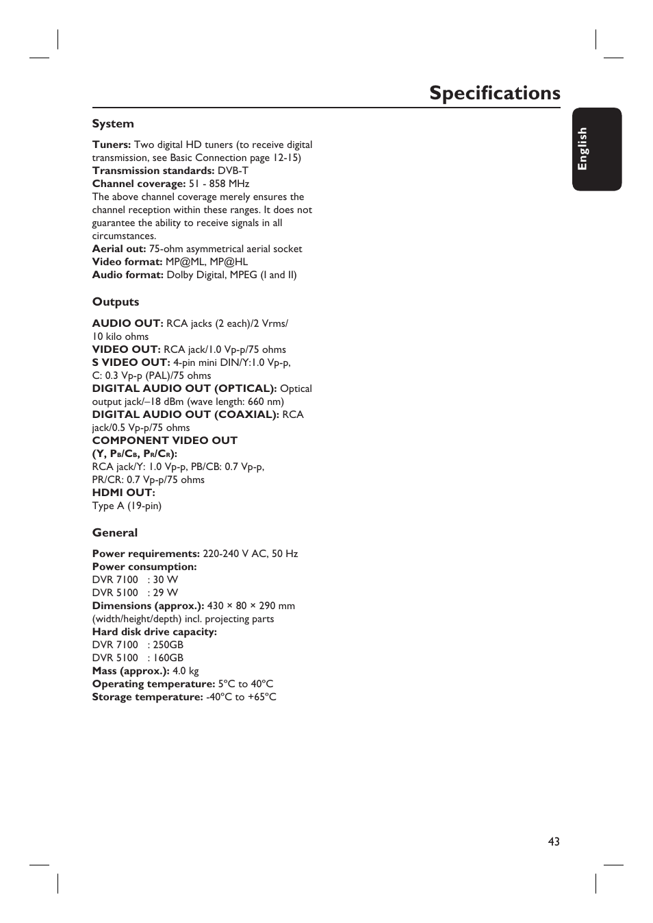 Specifi cations | Philips DVR5100 User Manual | Page 43 / 43