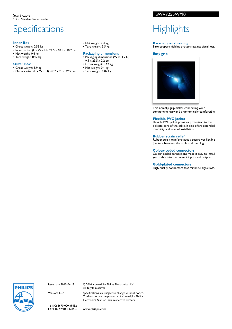 Specifications, Highlights | Philips SWV7255W/10 User Manual | Page 2 / 2