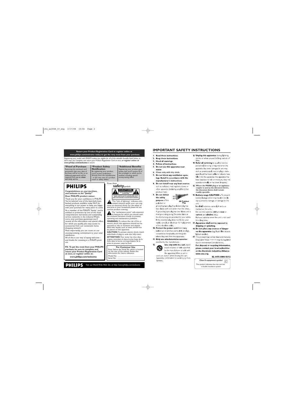 Safety, Important safety instructions | Philips AZ3068 User Manual | Page 2 / 9