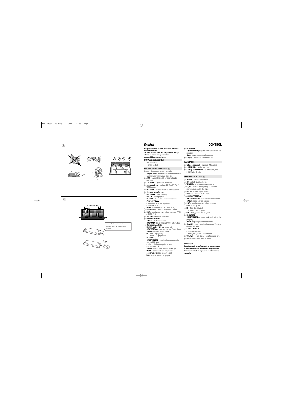 English control | Philips AZ3068 User Manual | Page 4 / 9