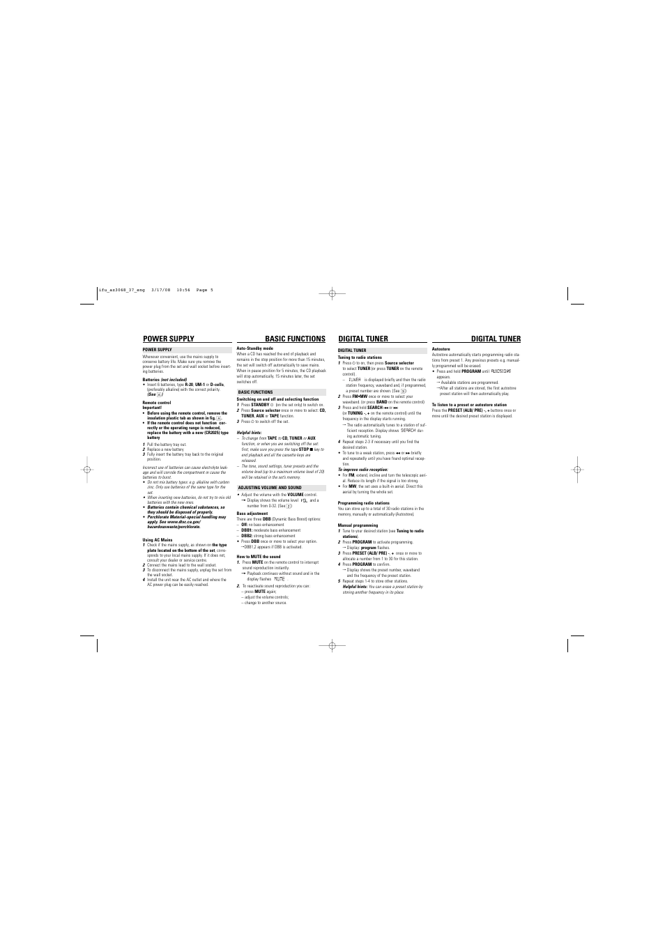 Power supply basic functions, Digital tuner | Philips AZ3068 User Manual | Page 5 / 9